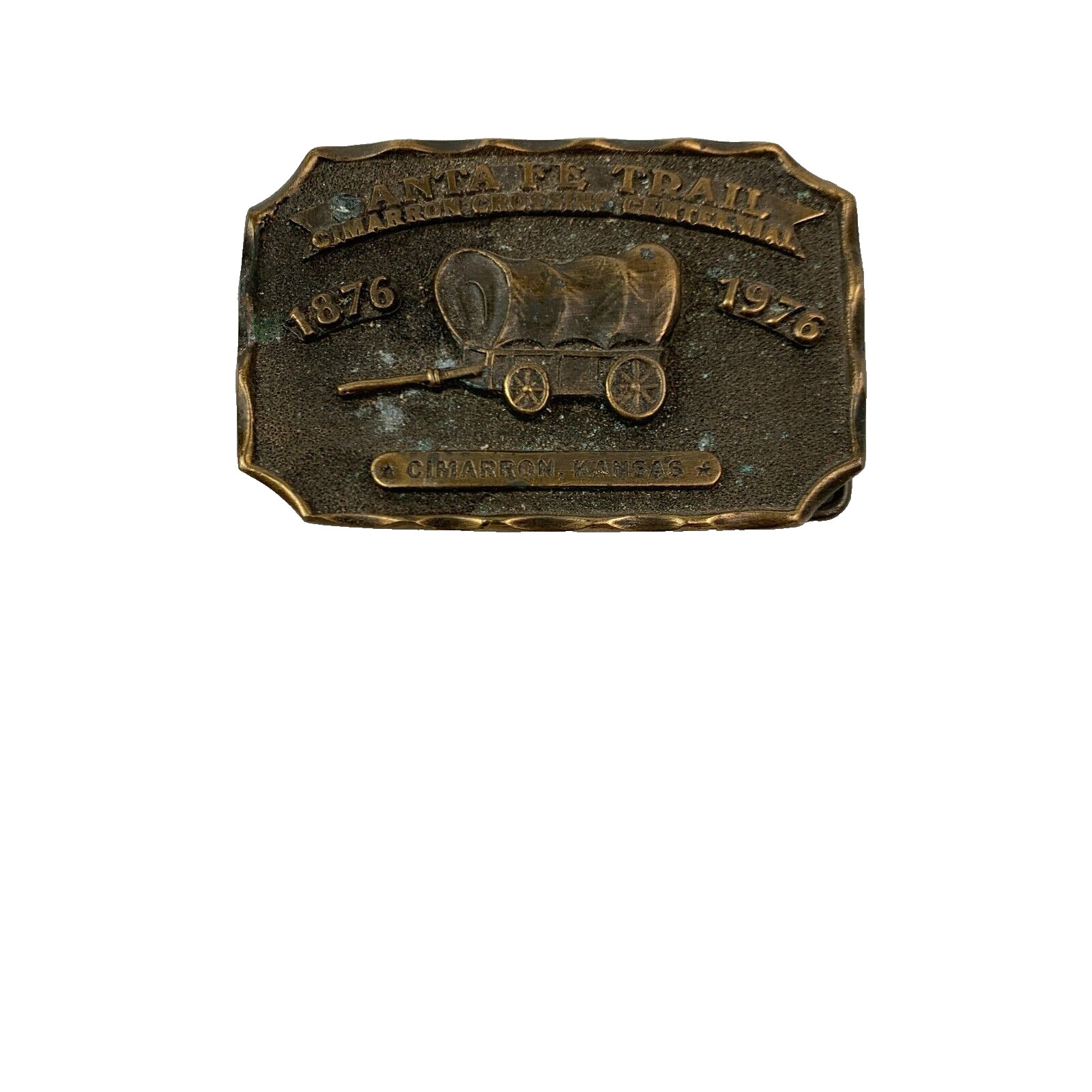 Vintage 1976 Santa Fe Trail Cimarron Kansas Centennial 3D Metal Belt Buckle