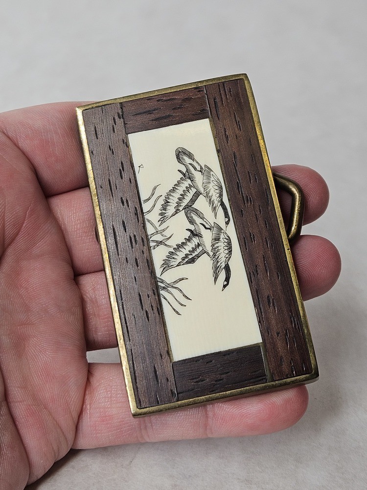 Vintage 1978 Brass Wood Duck Etched Belt Buckle
