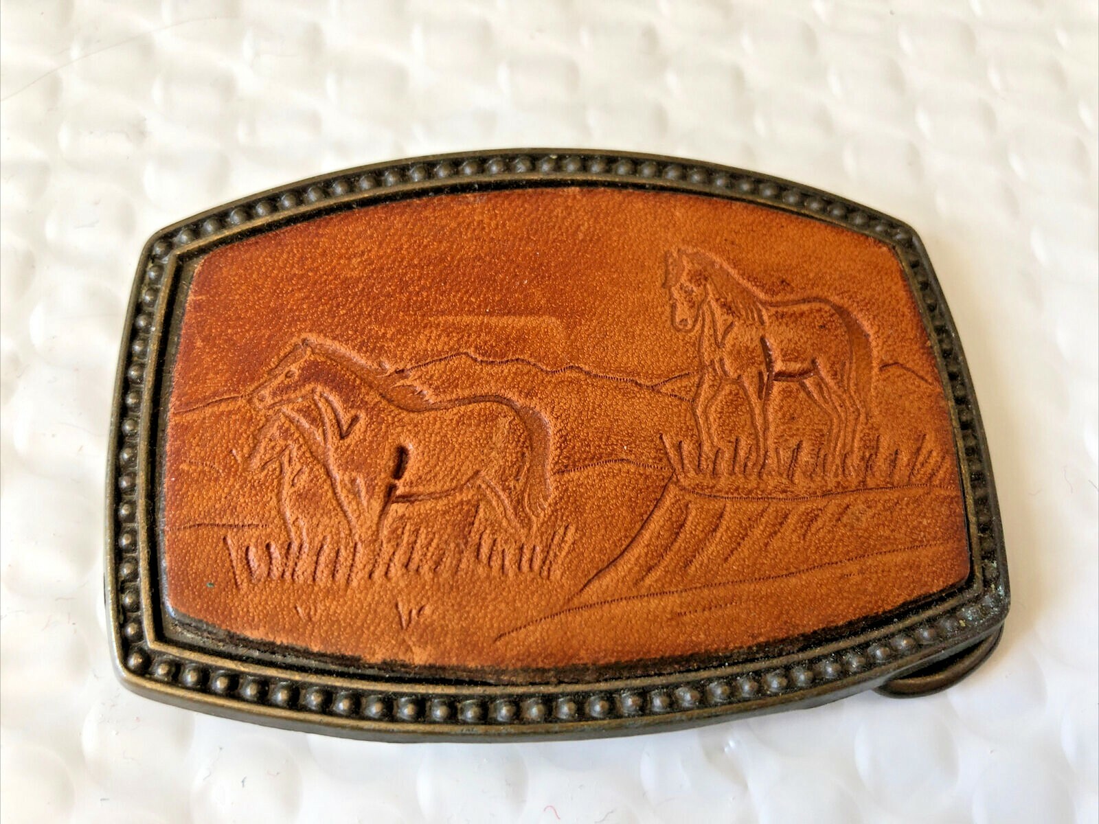 Rectangle Leather and 681 Brass Belt Buckle Horses in a field