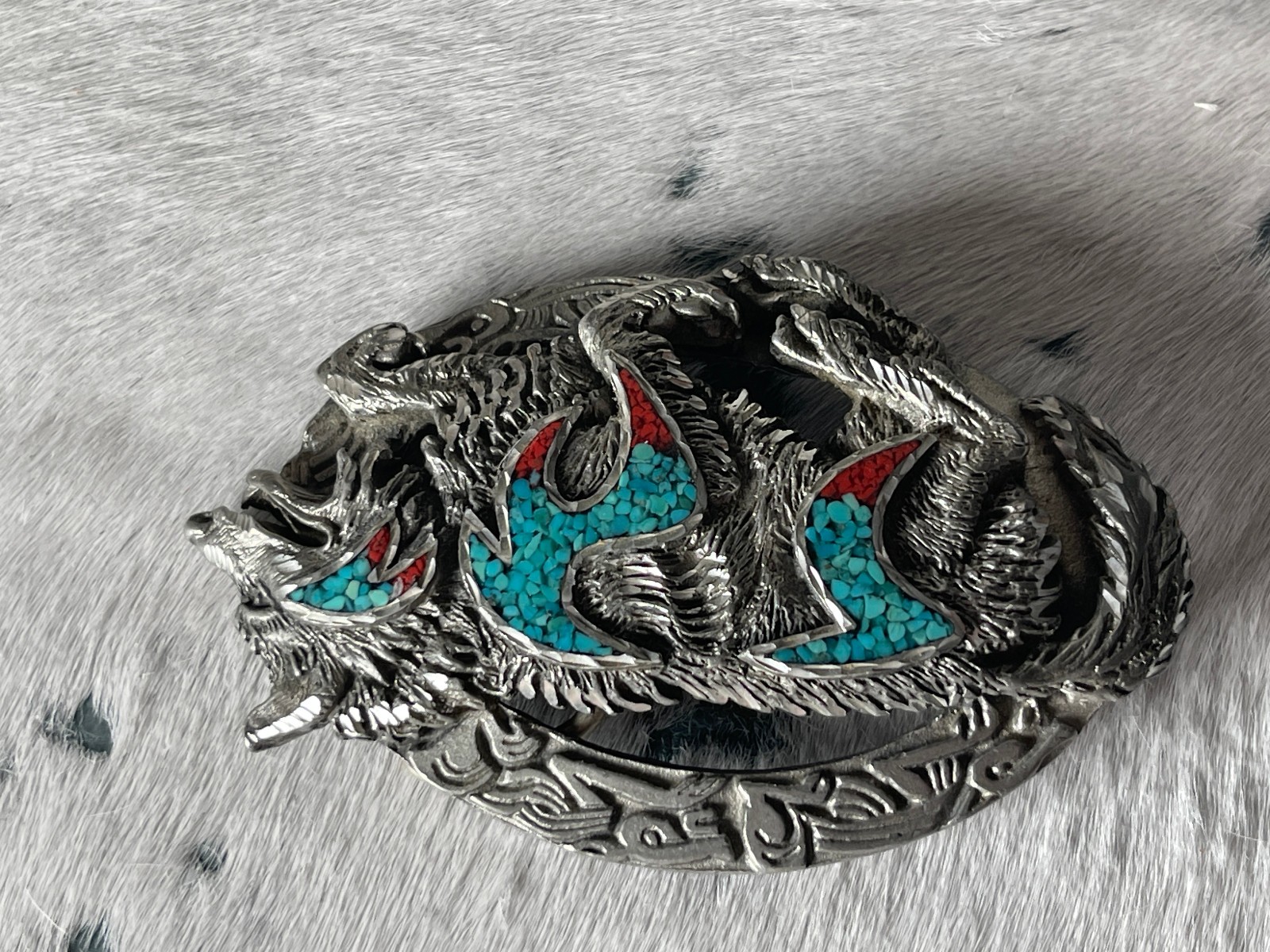 Vintage EJC Belt Buckle 4.25 x 2.75 in Wolf Southwestern Turq 1996 Oval 1.75