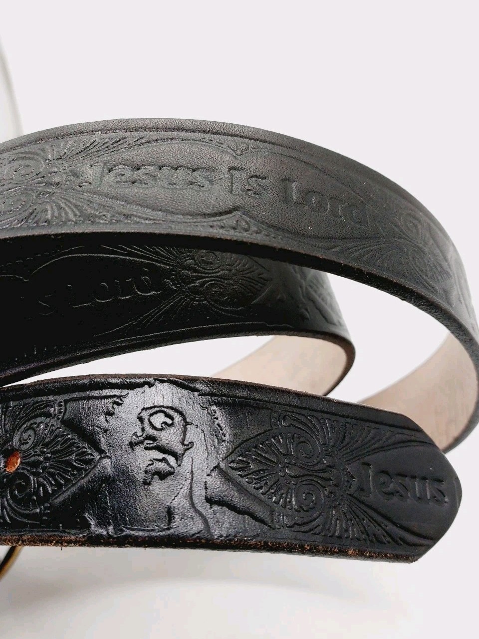 Jesus Is Lord Belt Black Length 57&Prime; Etched Gold Tone Buckle
