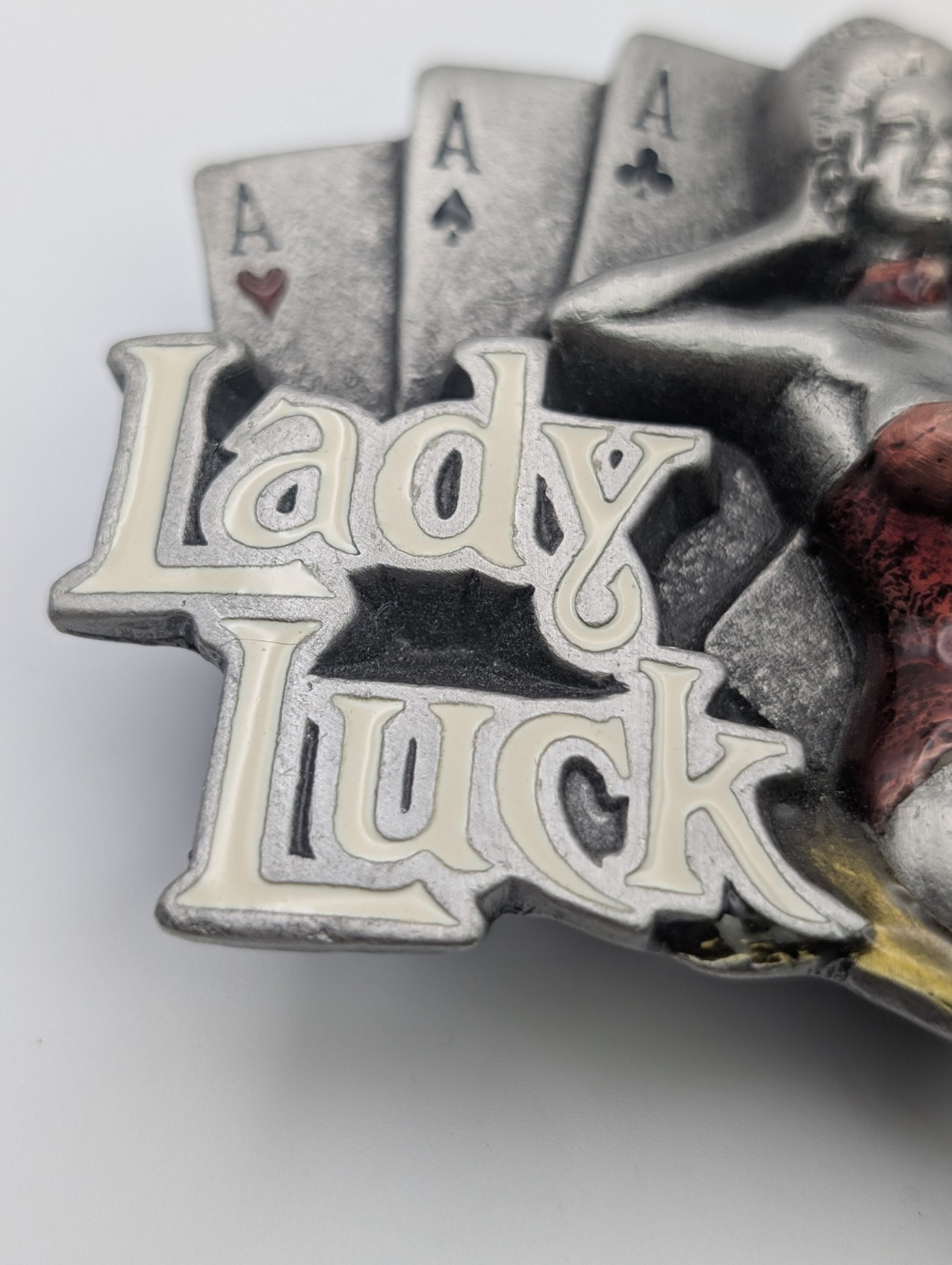 Vintage 1991 Lady Luck Belt Buckle – Dragon Designs Pewter Pin-Up Gambler DD109