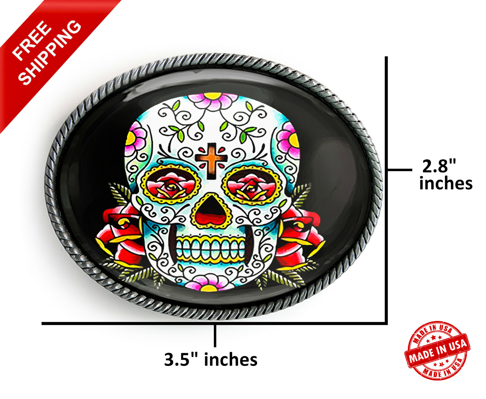 Day of the Dead Sugar Skull Silver Oval Halloween Handmade Belt Buckle – 55