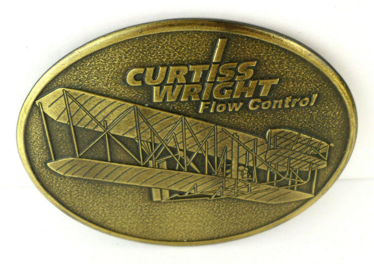 Curtiss Wright Flow Systems Bronze Airplane Belt Buckle Industrial Advertising