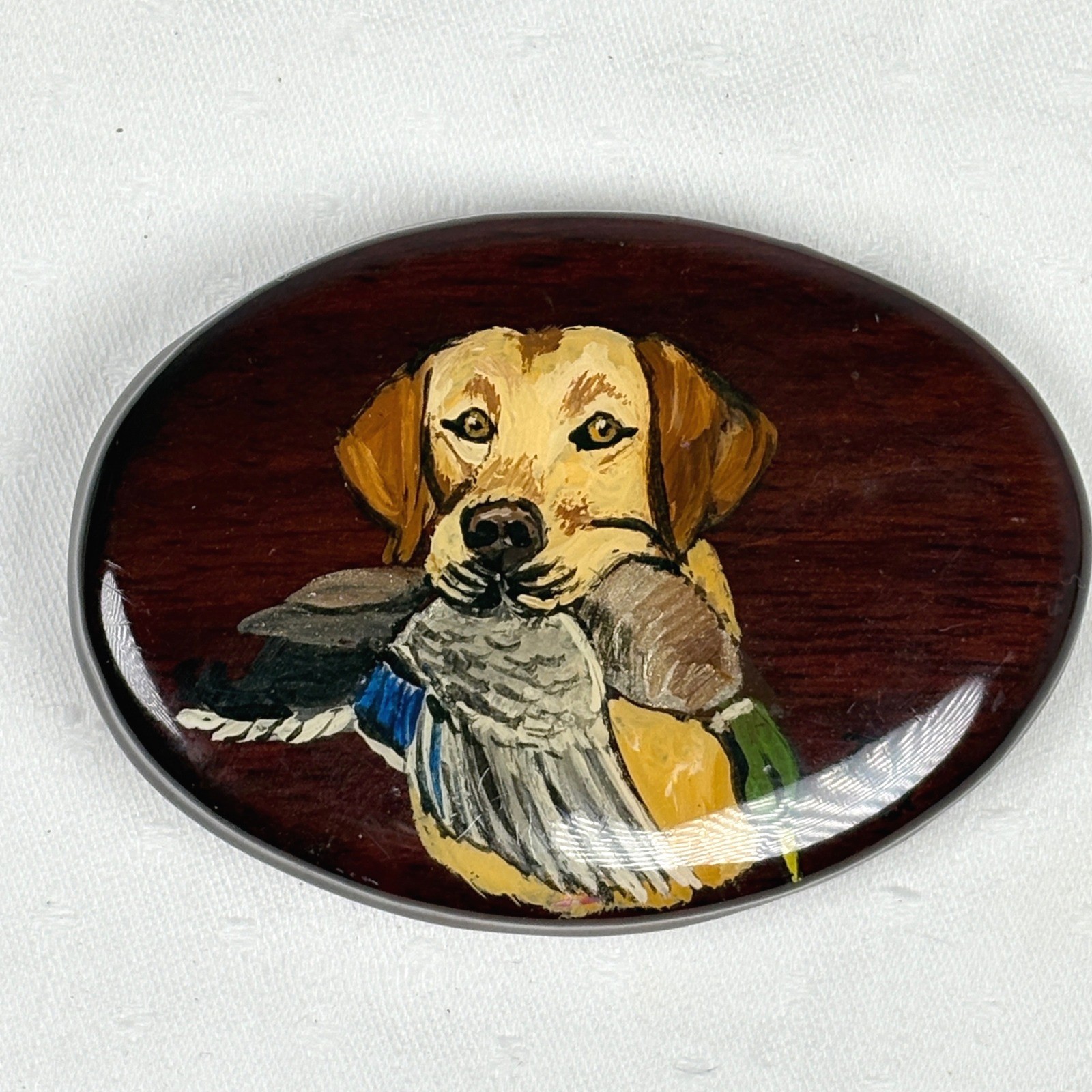 Vintage Hand Painted Wood Belt Buckle Yellow Labrador Retriever Mallard Duck Dog