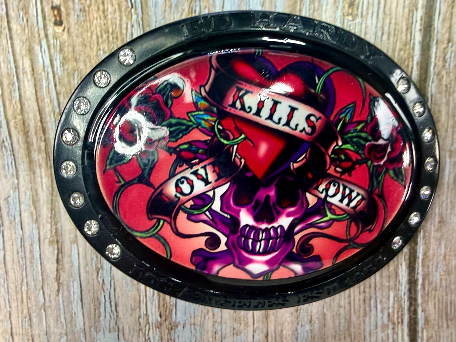 Ed Hardy Love Kills Slowly Signature Tattoo Skull with Rhinestones Belt Buckle