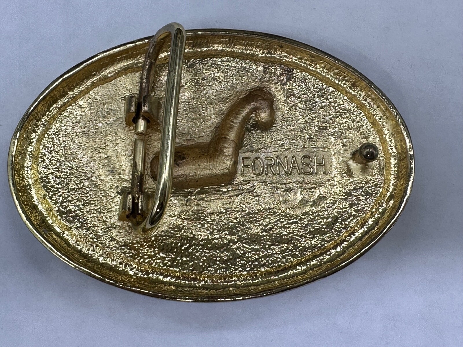 BELT BUCKLE GOLD TONE BLACK ENAMEL HORSE SIGNED FORNASH MEN WOMEN UNISEX