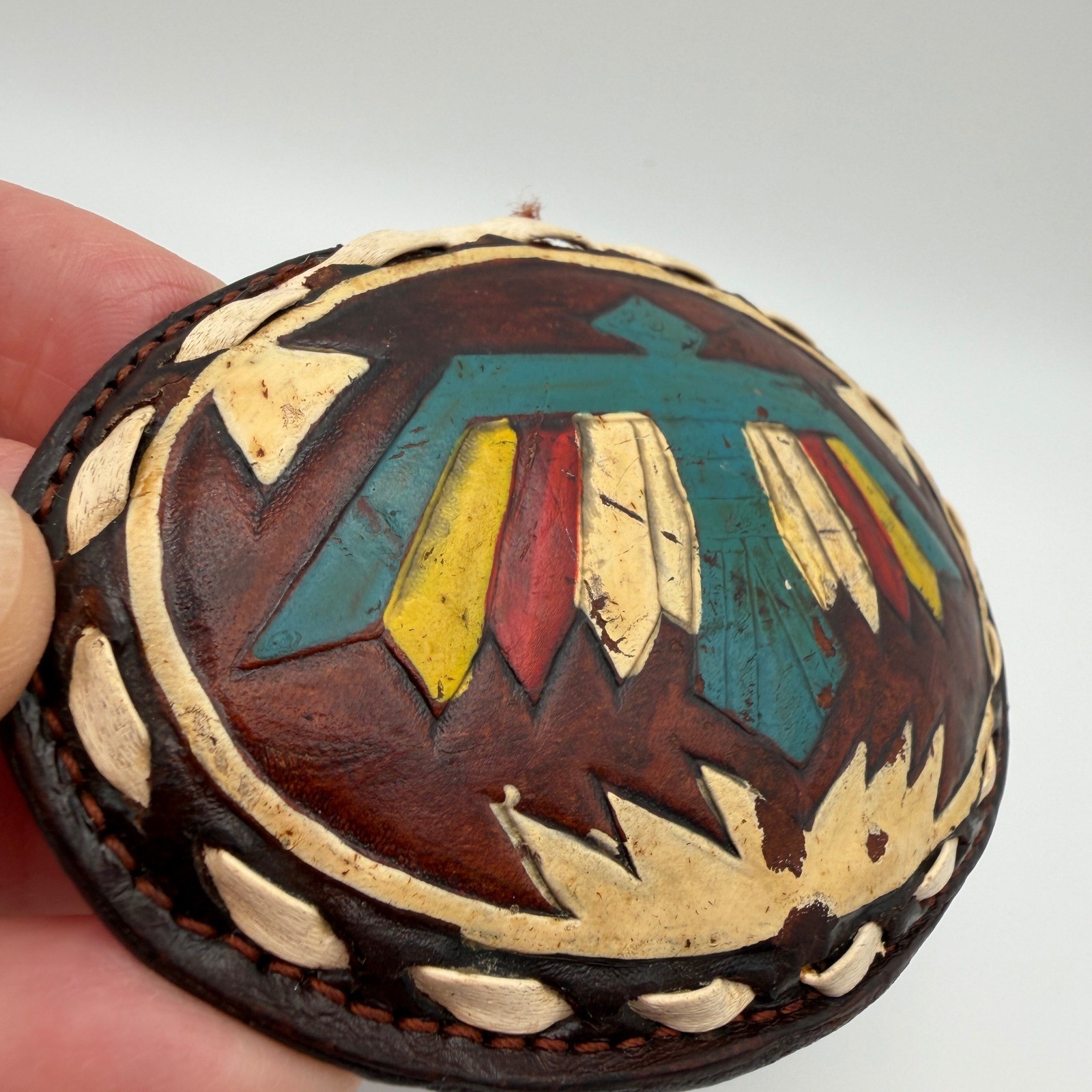 VTG Justin Leather Belt Buckle Hand Tooled Thunderbird Painted Oval 61-P