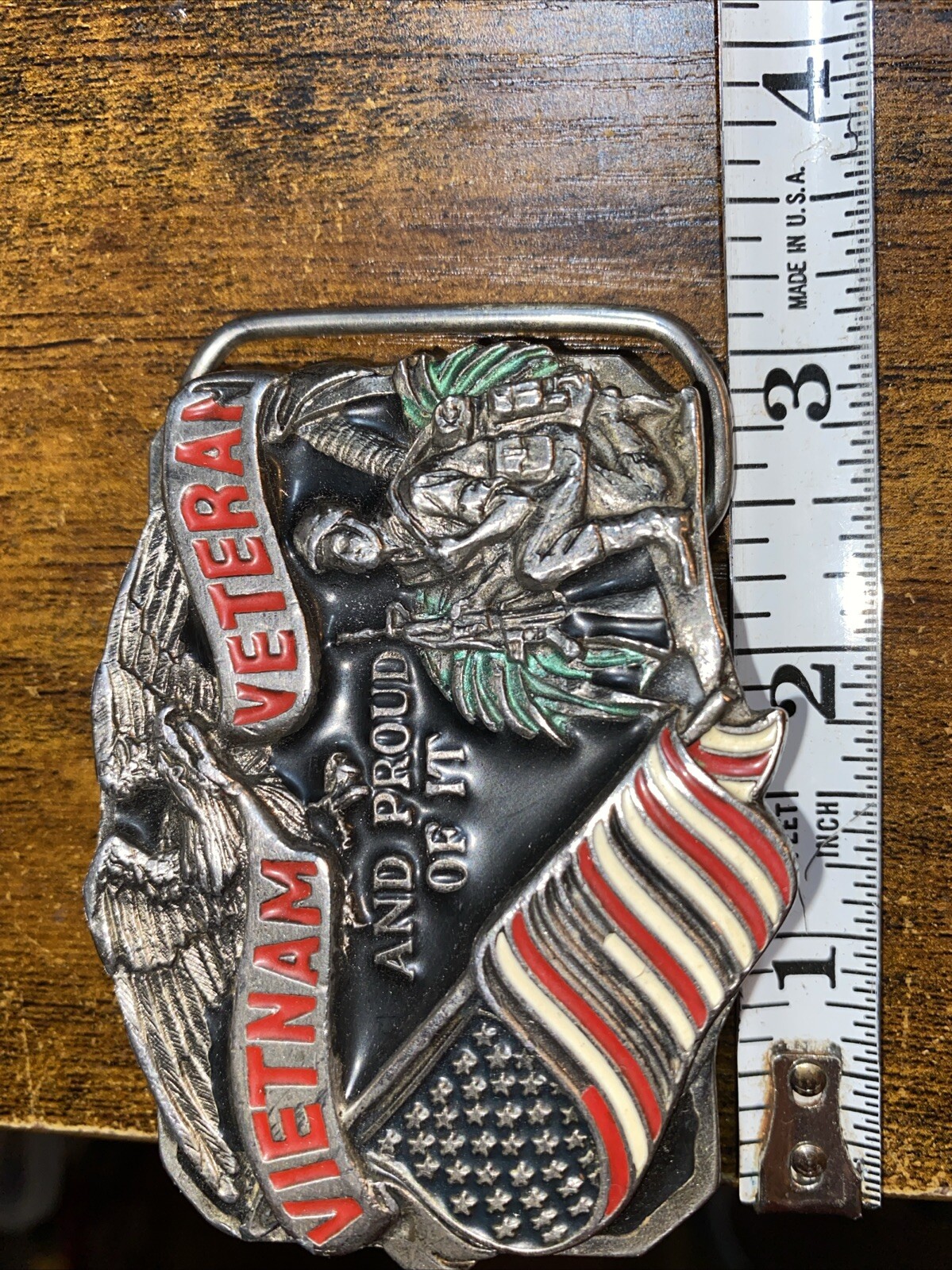 VTG Vietnam Veteran And Proud Of It Belt Buckle Enamel Great American Buckle Co