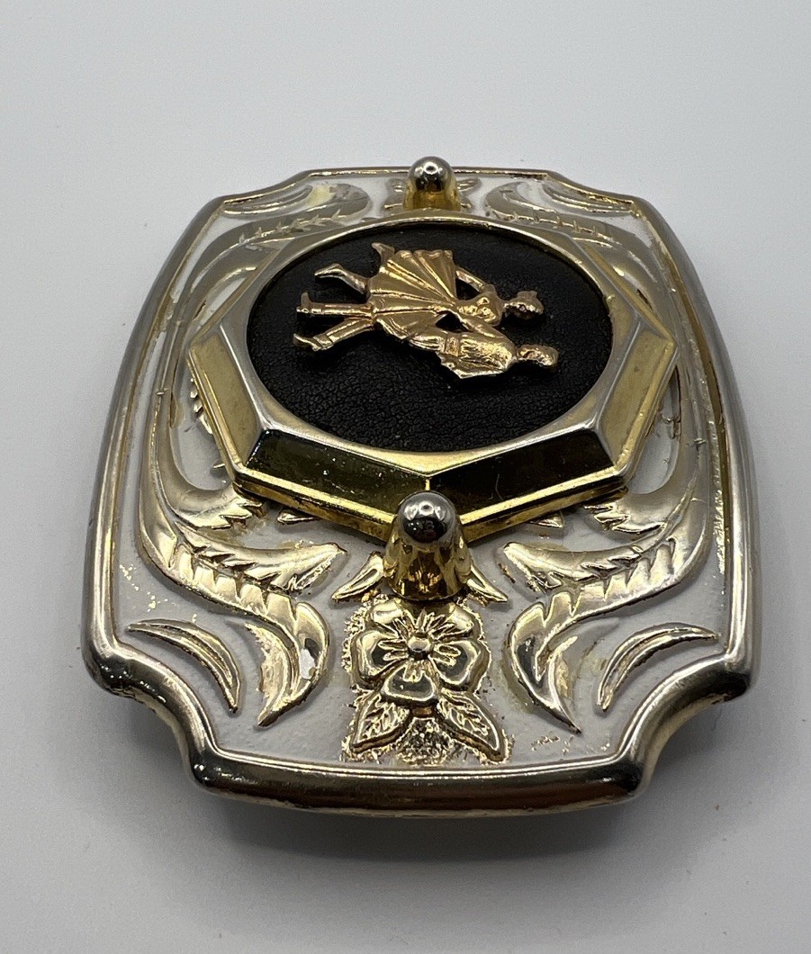 Western White Enamel Gold Tone Belt Buckle Couple Dancing Dance Floral Scroll