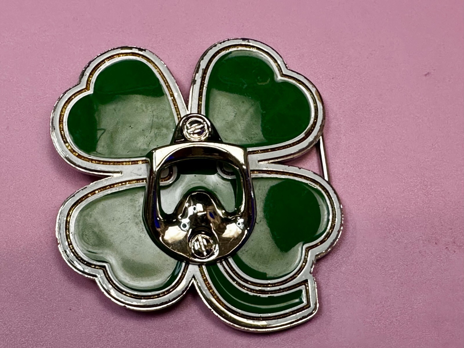 Lucky Four Leaf Clover Shamrock Green Silver Novelty Bottle Opener & Belt Buckle
