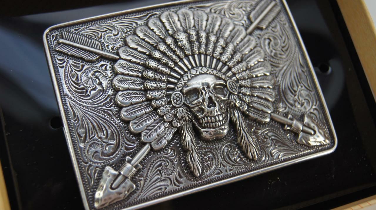 Ariat Western Mens Rectangle Belt Buckle Chief Skull Arrowheads Silver A37009