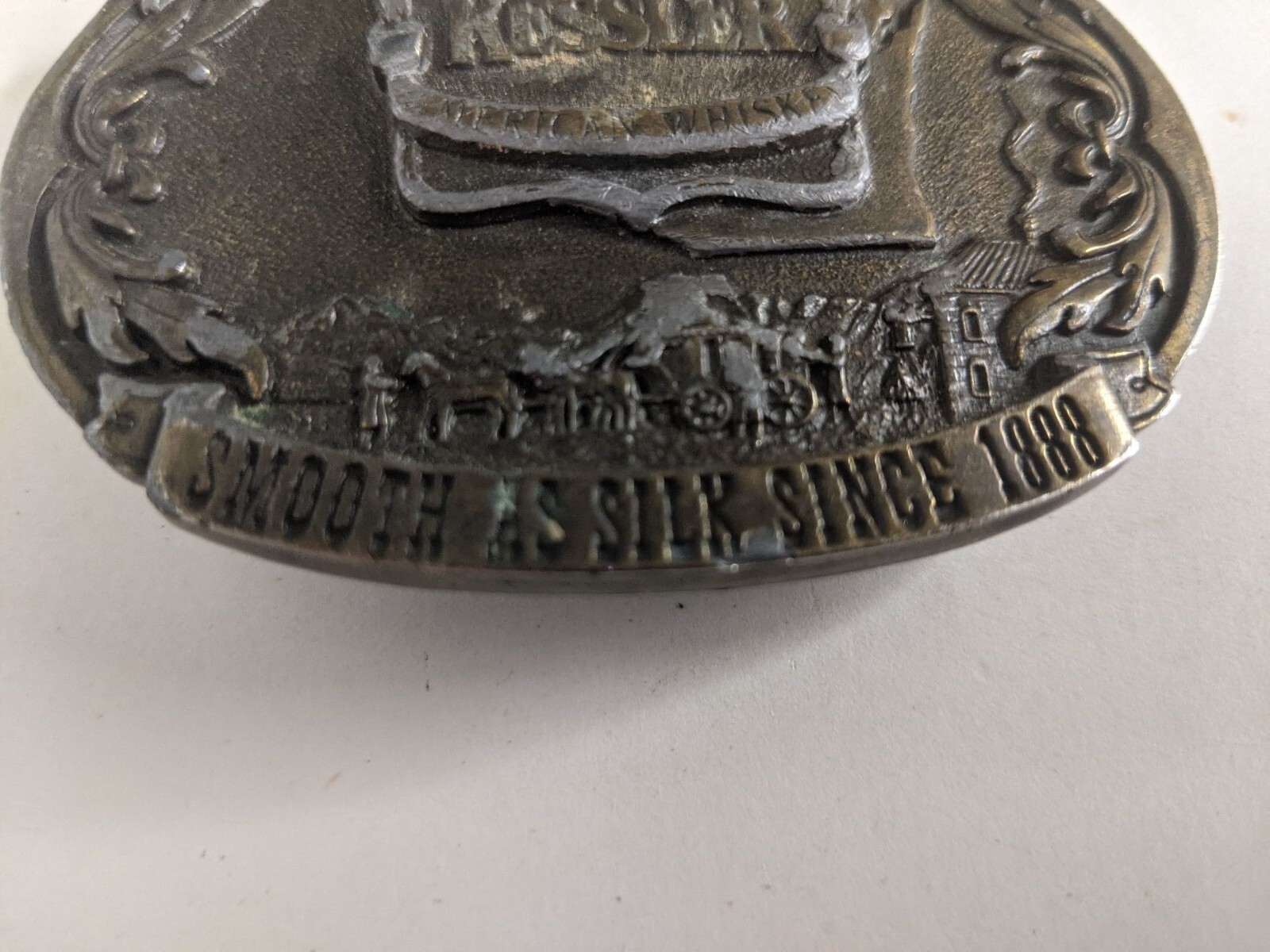 Kessler Belt Buckle The Spirit of Wisconsin 1993 Smooth as Silk bronze wearing