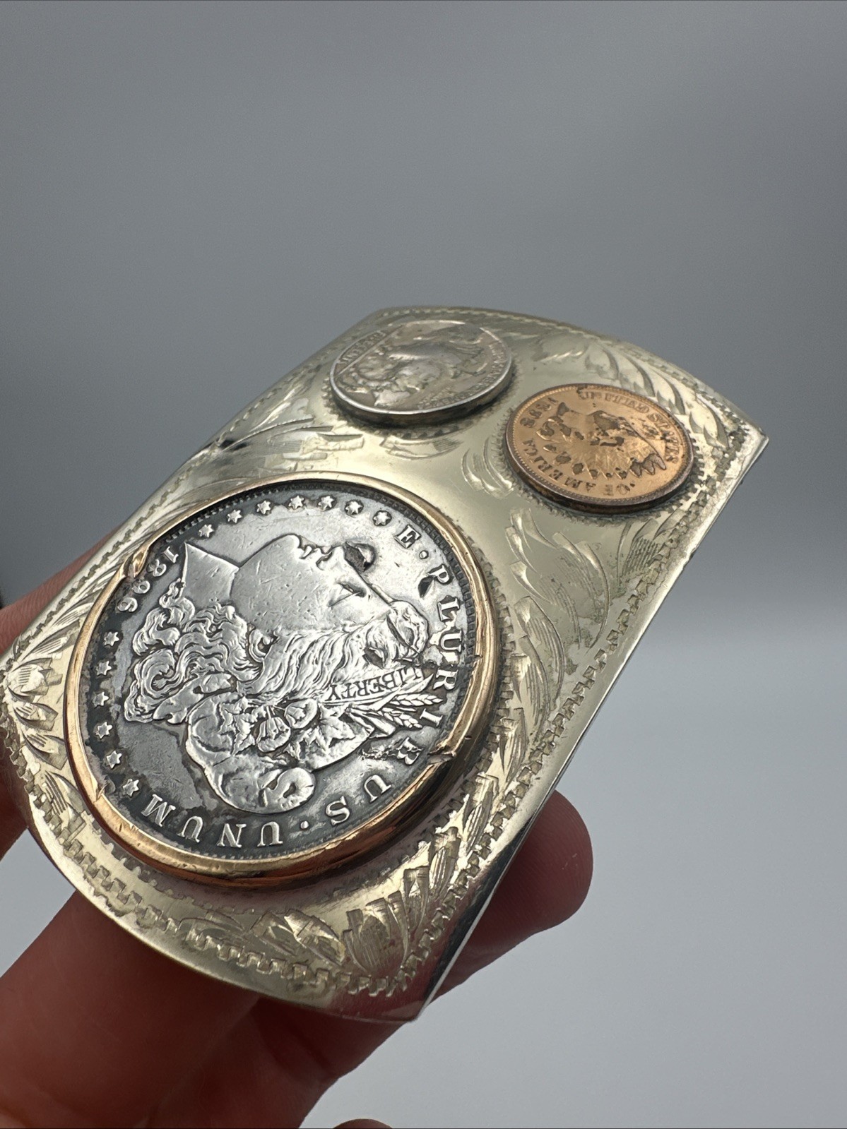 Beautiful Vtg Comstock Morgan Silver Dollar German Silver Buckle Western 108g