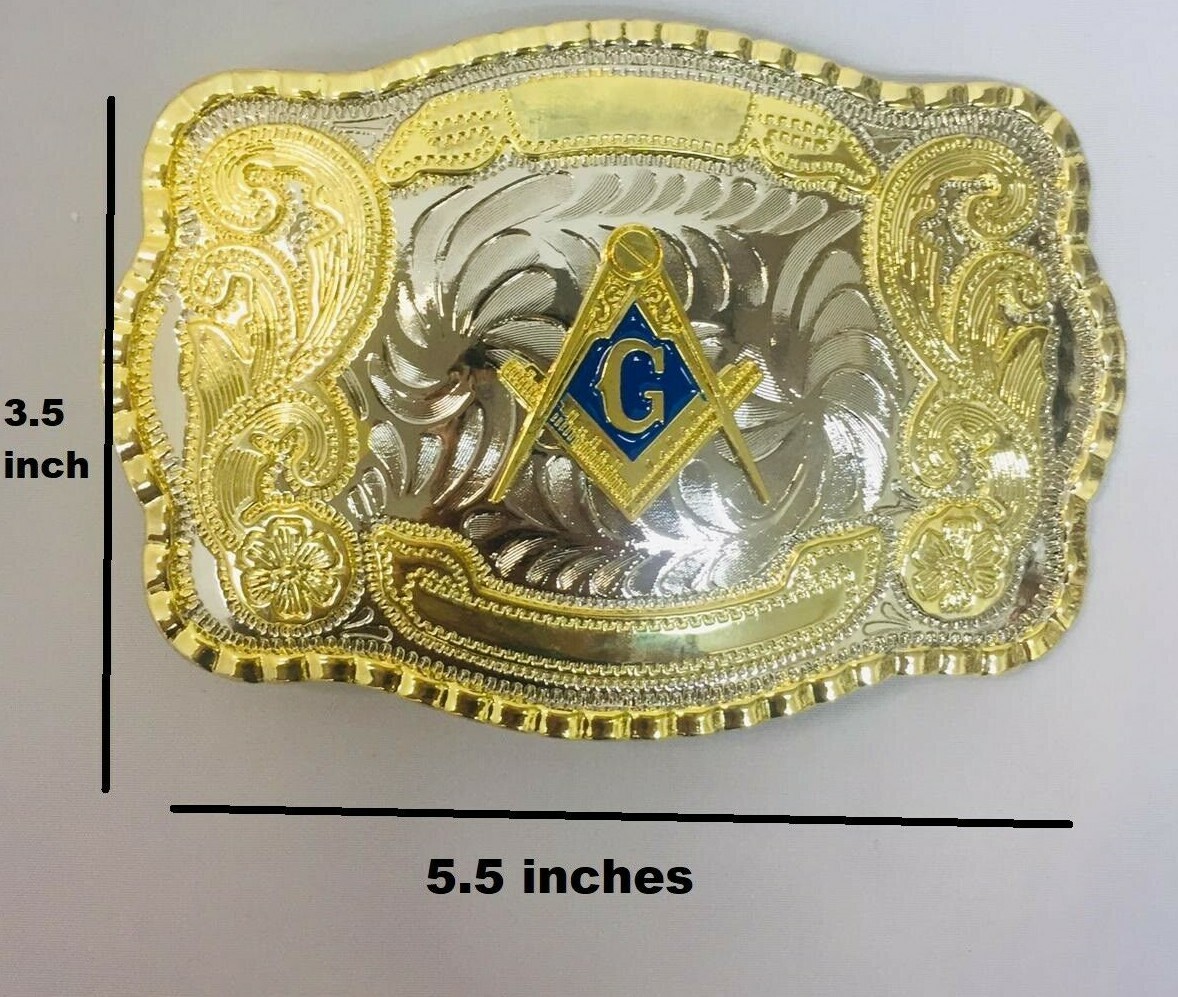 MASONIC MASON BELT BUCKLE RULE COMPASS HUGE RODEO BIG COWBOY WESTERN SHINE USA
