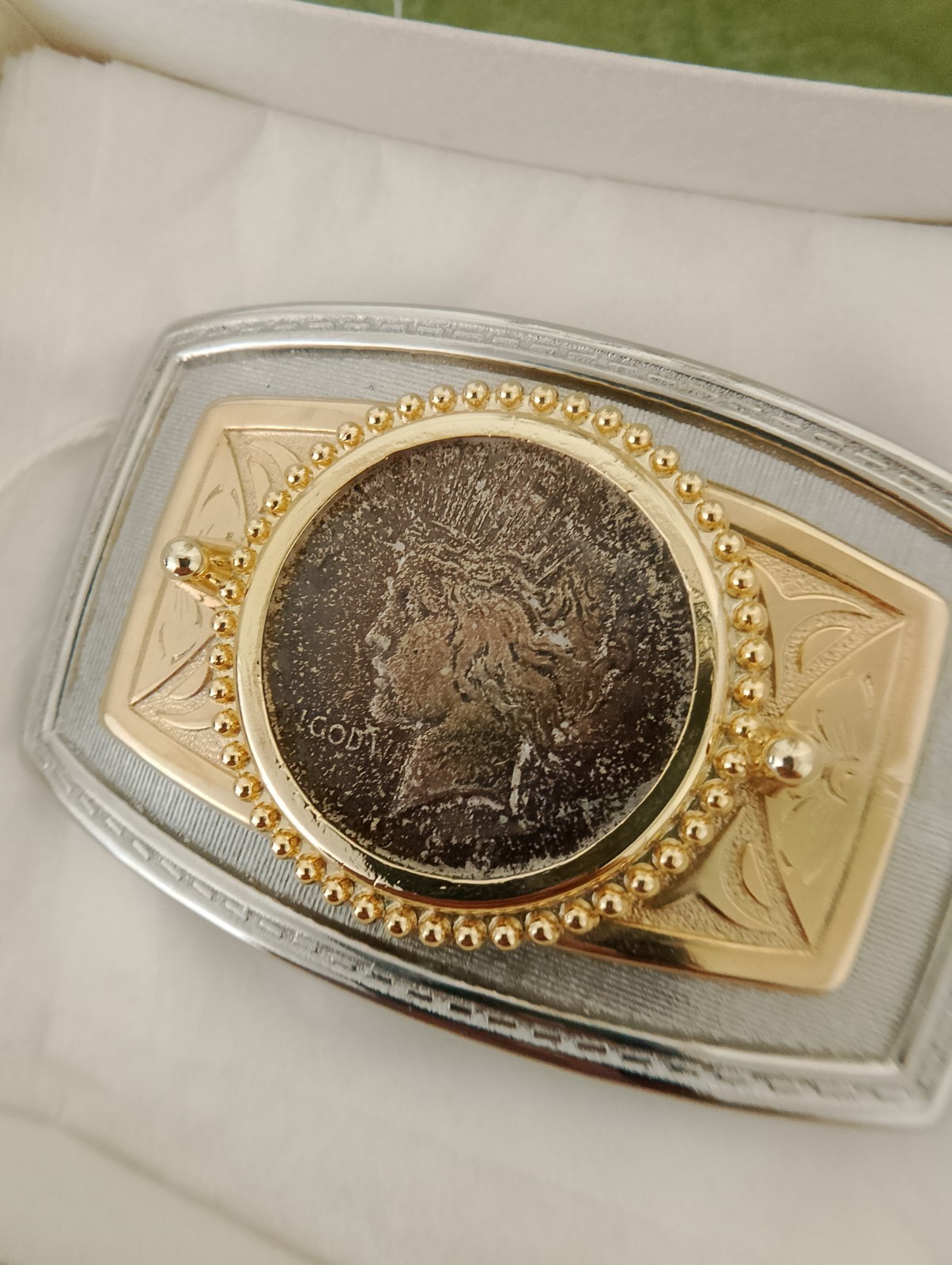 Silver Gold Color REAL 1923 Peace Silver Dollar Rectangle Frame Belt Buckle