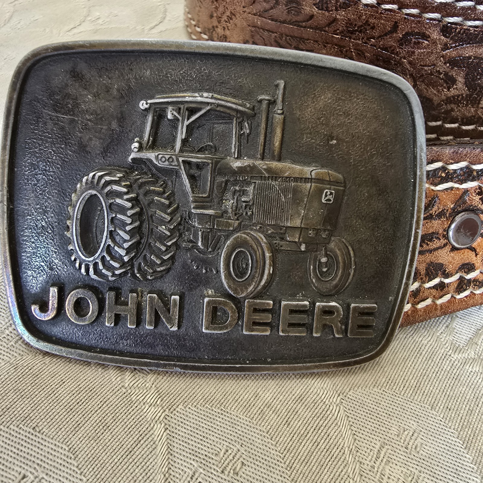 Vintage John Deere Tractor Bronze Metal Belt Buckle & Leather Embellished Belt