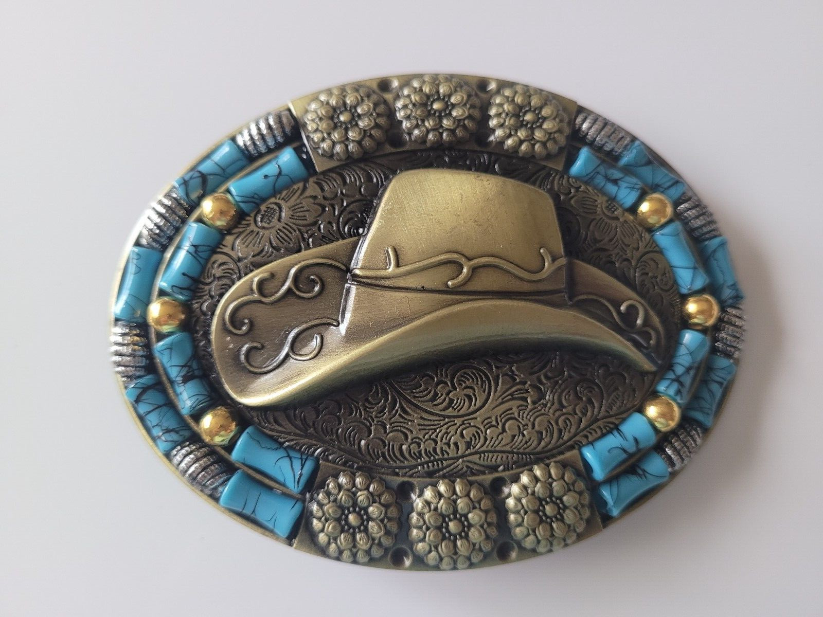 Brass Finish 4&Prime; Buckle Western Belt Buckle W/ Turquoise Stone Cowboy Hat