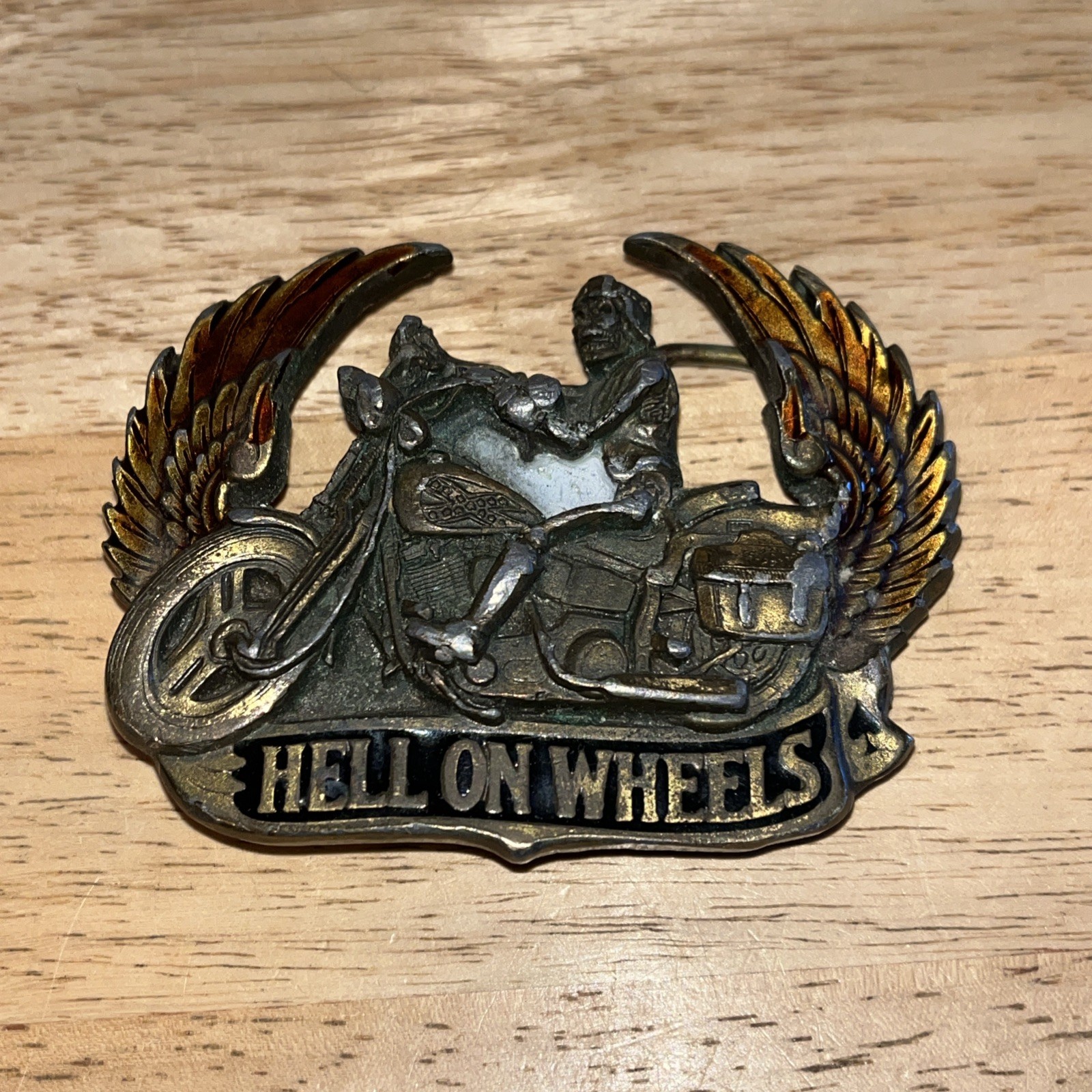 Vintage Brass Hell On Wheels Winged Biker Skeleton Motorcycle Belt Buckle