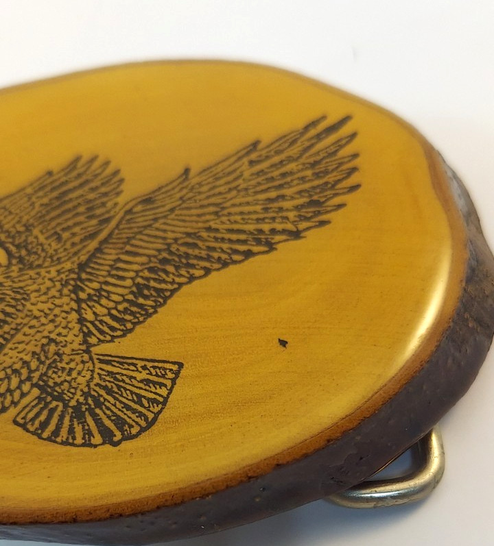Vintage Wood Slice Attacking Eagle Belt Buckle with Bark Edge