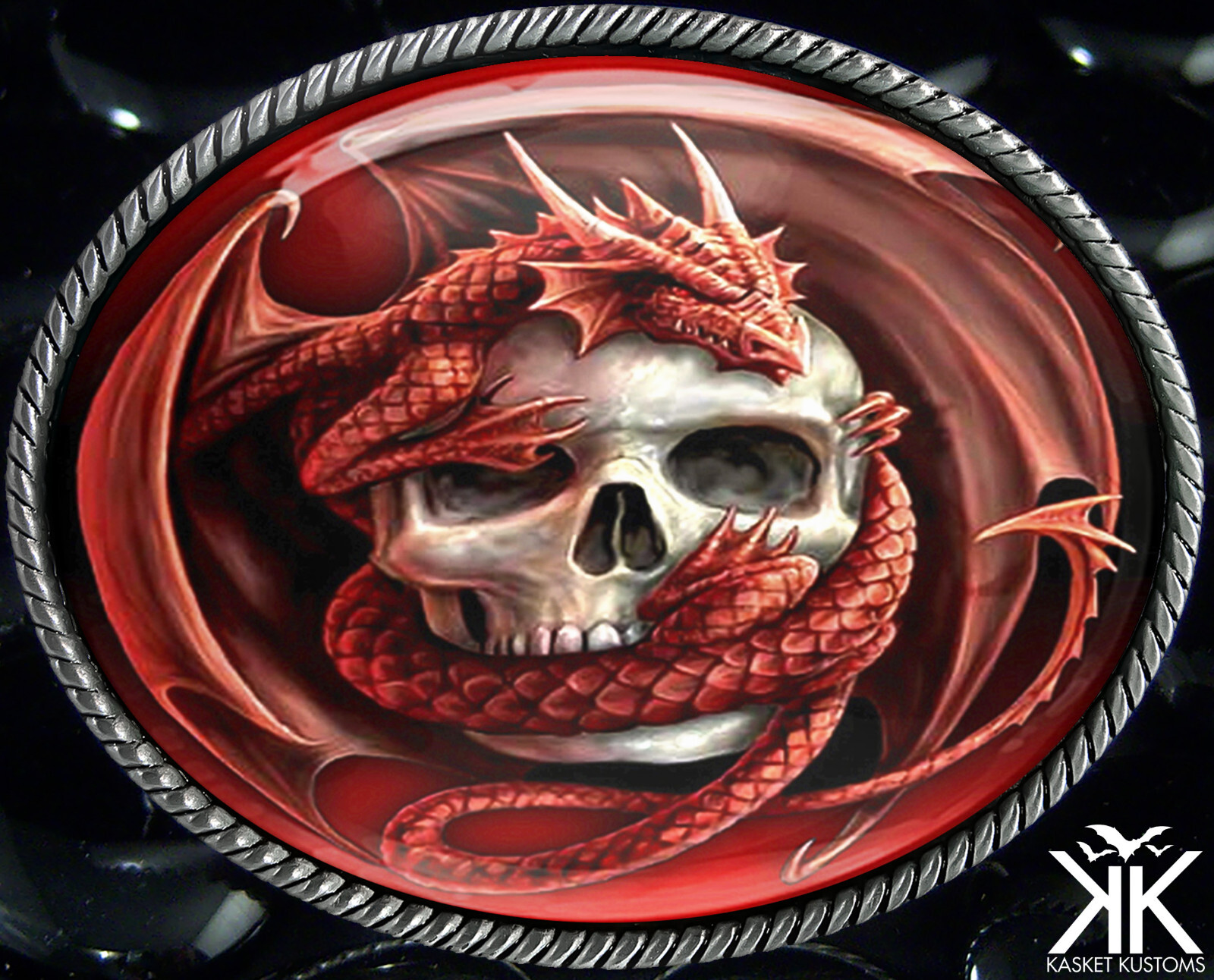 Dragon Skull Belt Buckle – Gothic Fantasy Handmade Silver Oval Buckle – 100