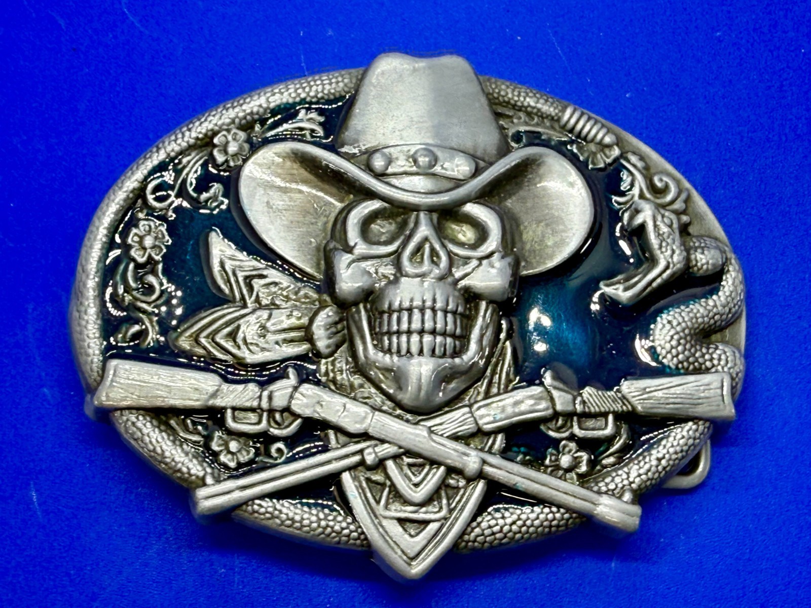 Cowboy Skull Bandana W/ Crossed Rifle Snakes Blue Background Western Belt Buckle