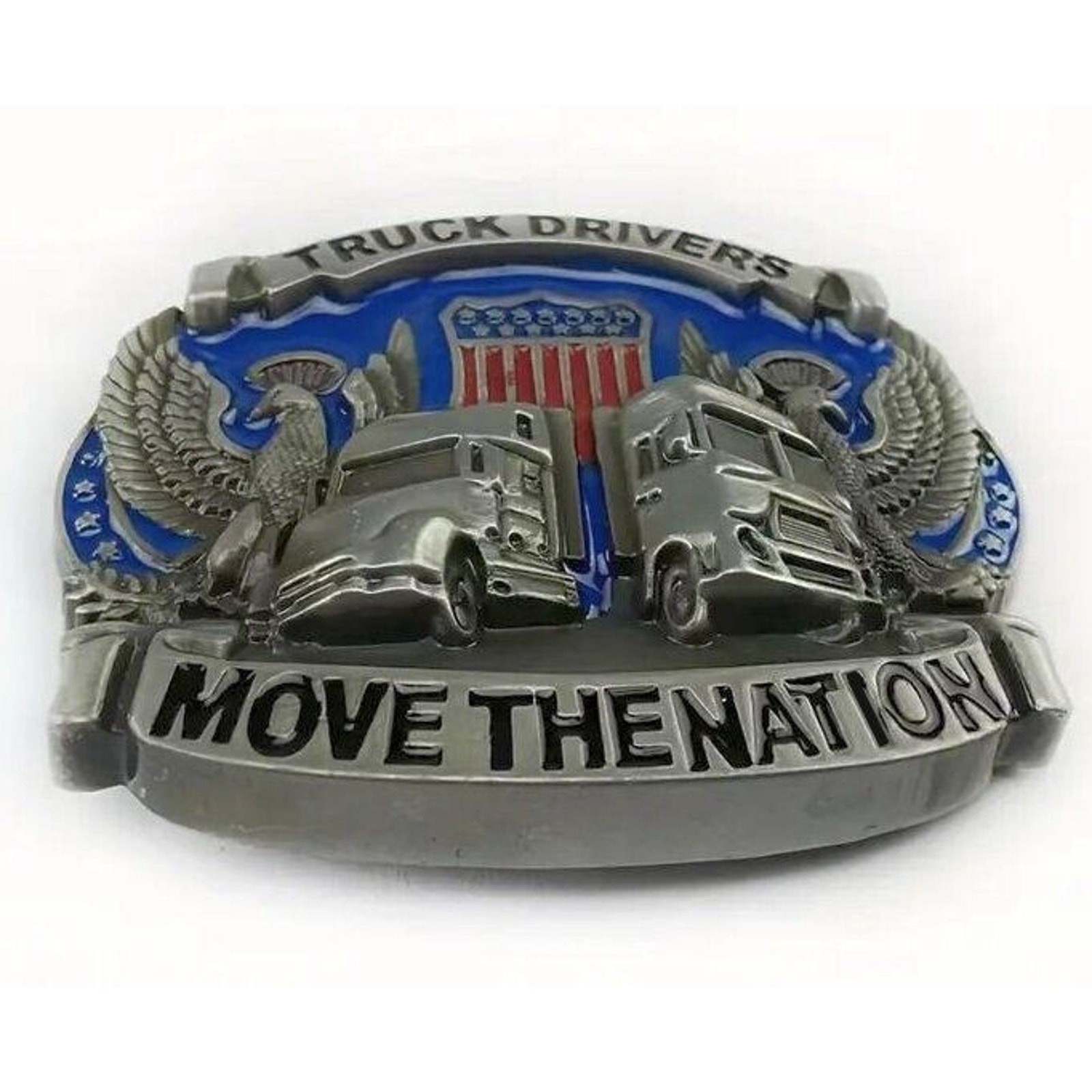 ‘Truckers Move The Nation’ • Double Eagle Western 3D Belt Buckle • Blue Enamel