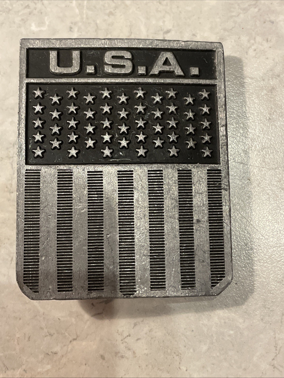 Vintage Belt Buckle American Flag Solid Pewter United States U.S.A. 2.75×2.25”