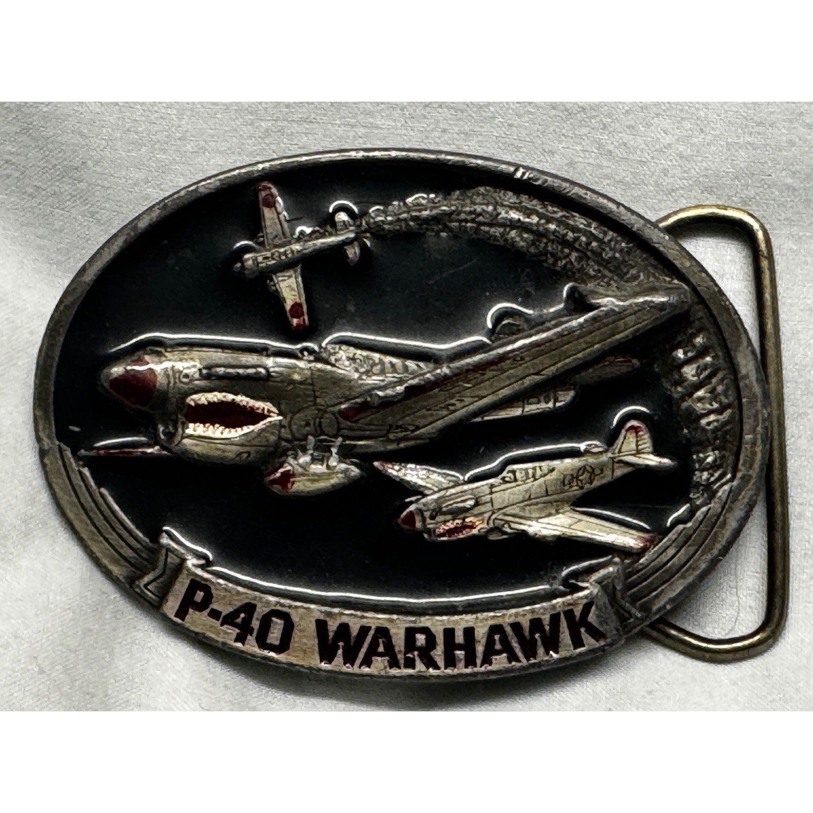 Vintage 1986 C+J Inc P-40 Warhawk Belt Buckle WWII Aviation Made in USA 1131