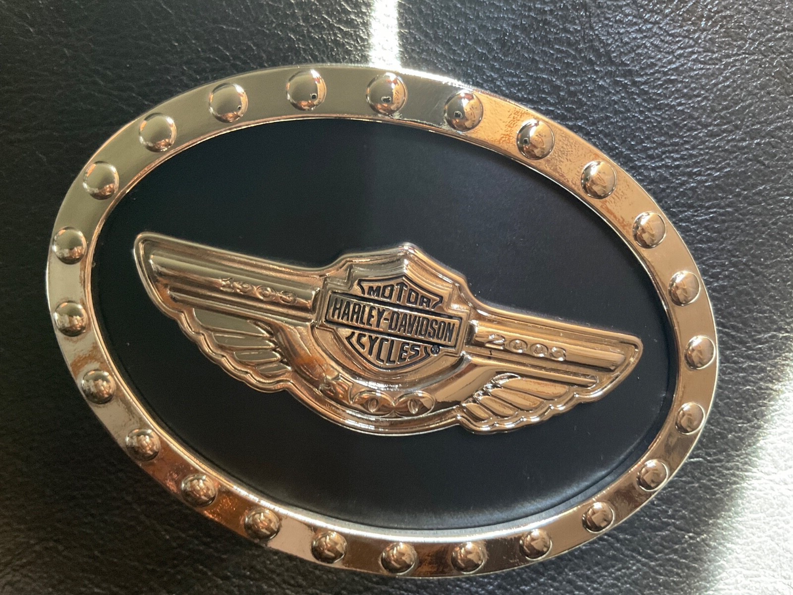 Harley-Davidson 100th Anniversary belt buckle.Bar&Shield w/wings.Chrome plated.