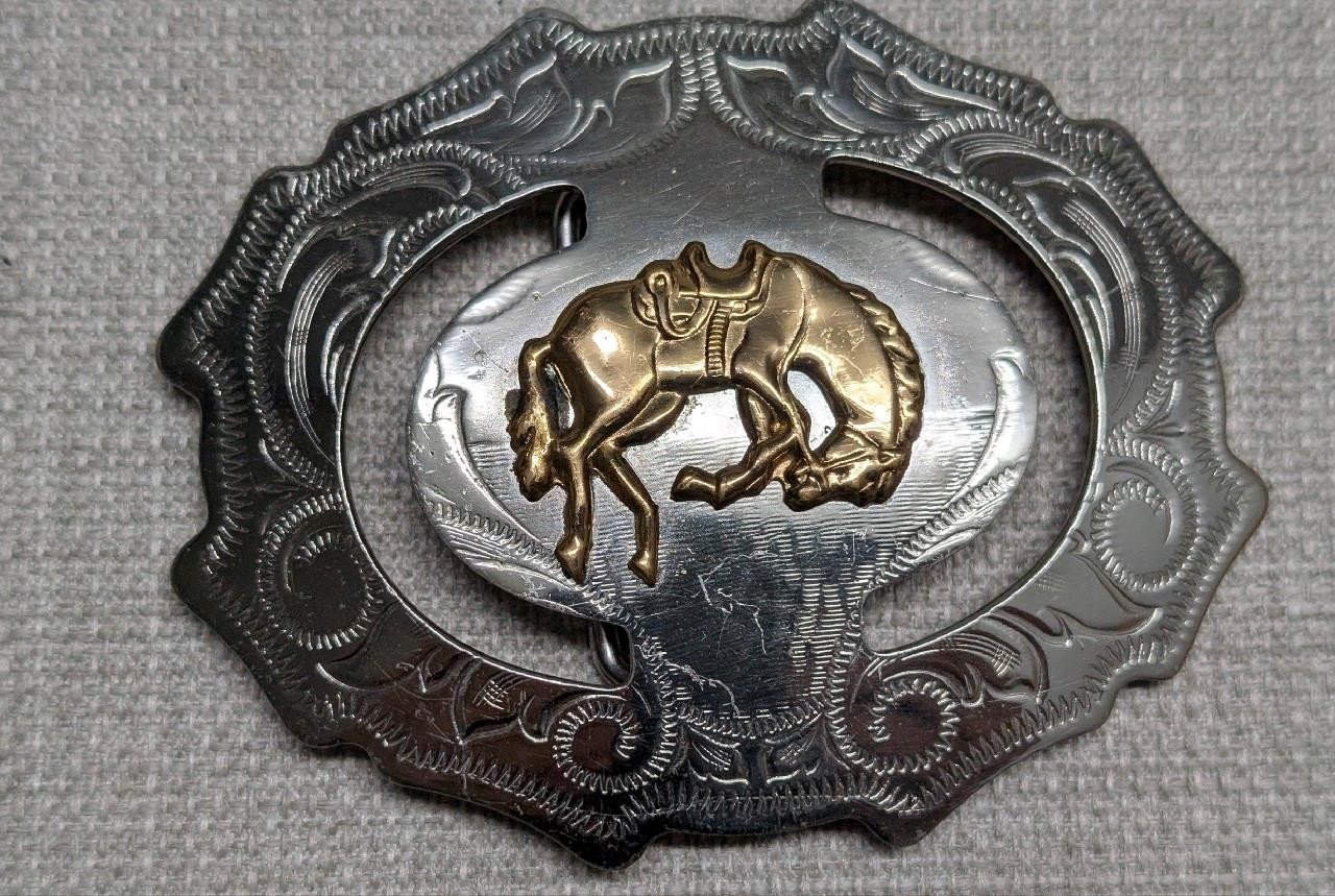 vintage USA made MILLER belt buckle NICKEL SILVER western RODEO cowboy horse