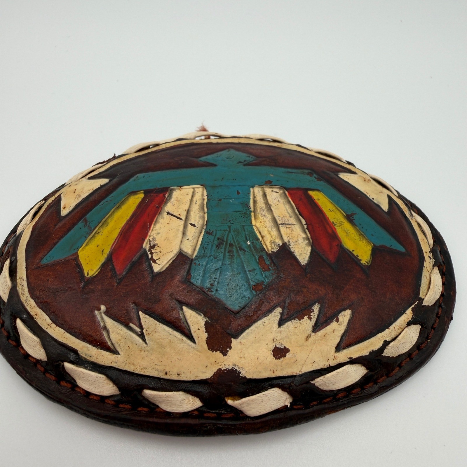 VTG Justin Leather Belt Buckle Hand Tooled Thunderbird Painted Oval 61-P