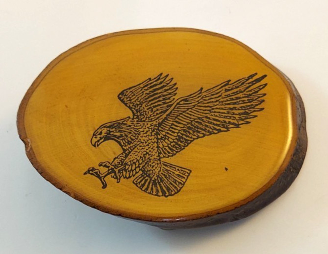 Vintage Wood Slice Attacking Eagle Belt Buckle with Bark Edge