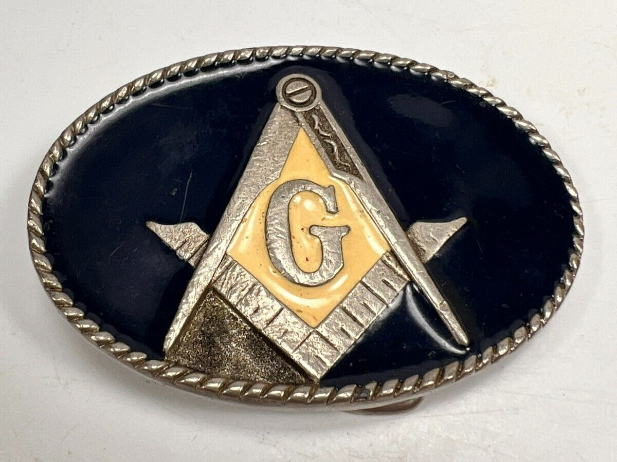 Masonic Freemason Belt Buckle Blue and Cream Enamel Rope Border