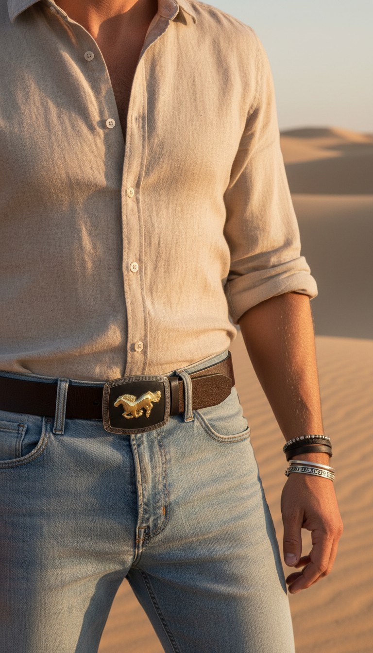Men Women Western Belt Buckle Silver Metal Square Gold Rodeo Horse Black Fabric