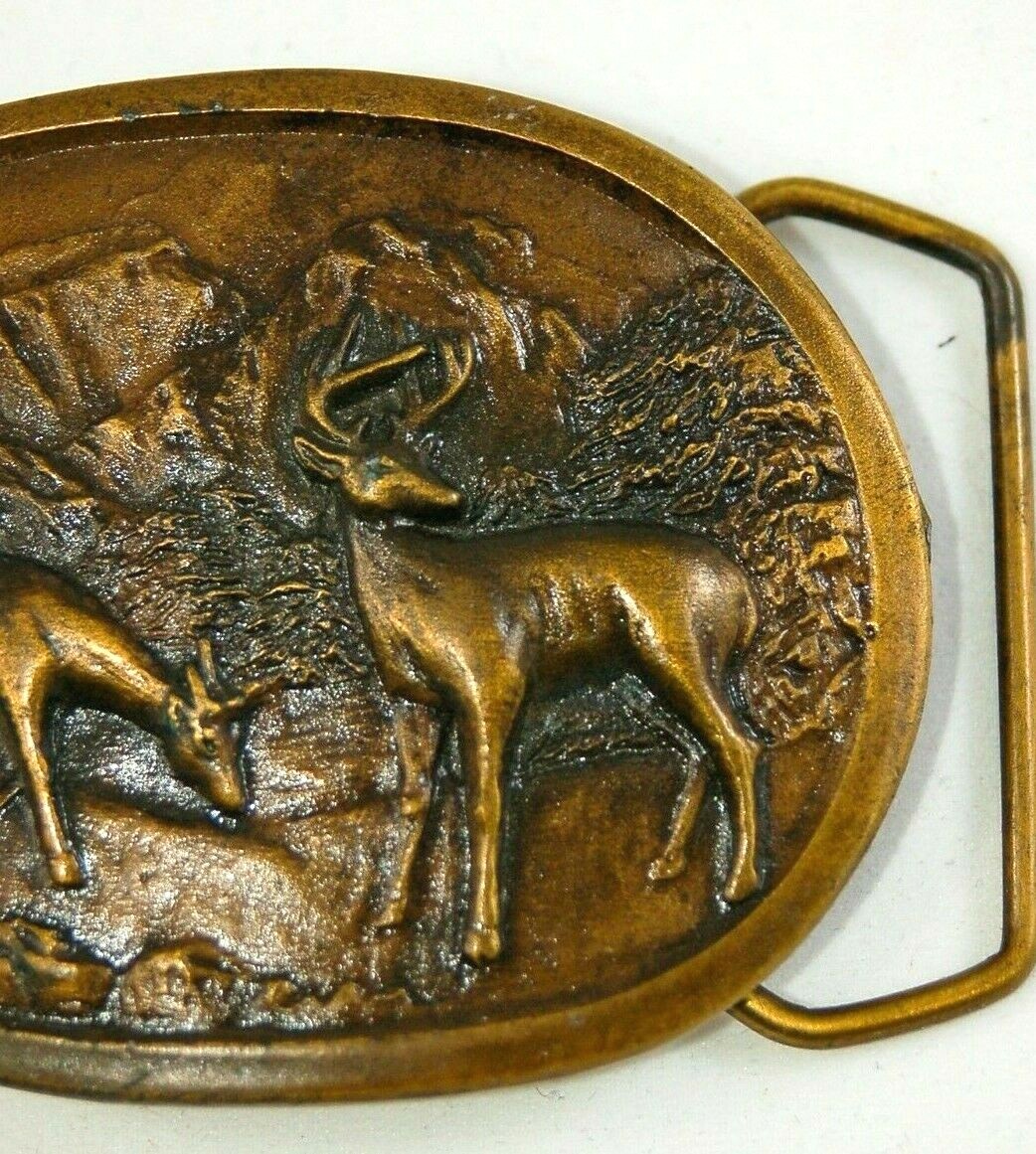 Deer Mountains high relief brass belt buckle oval 3 inch E97 Indiana Metal Craft