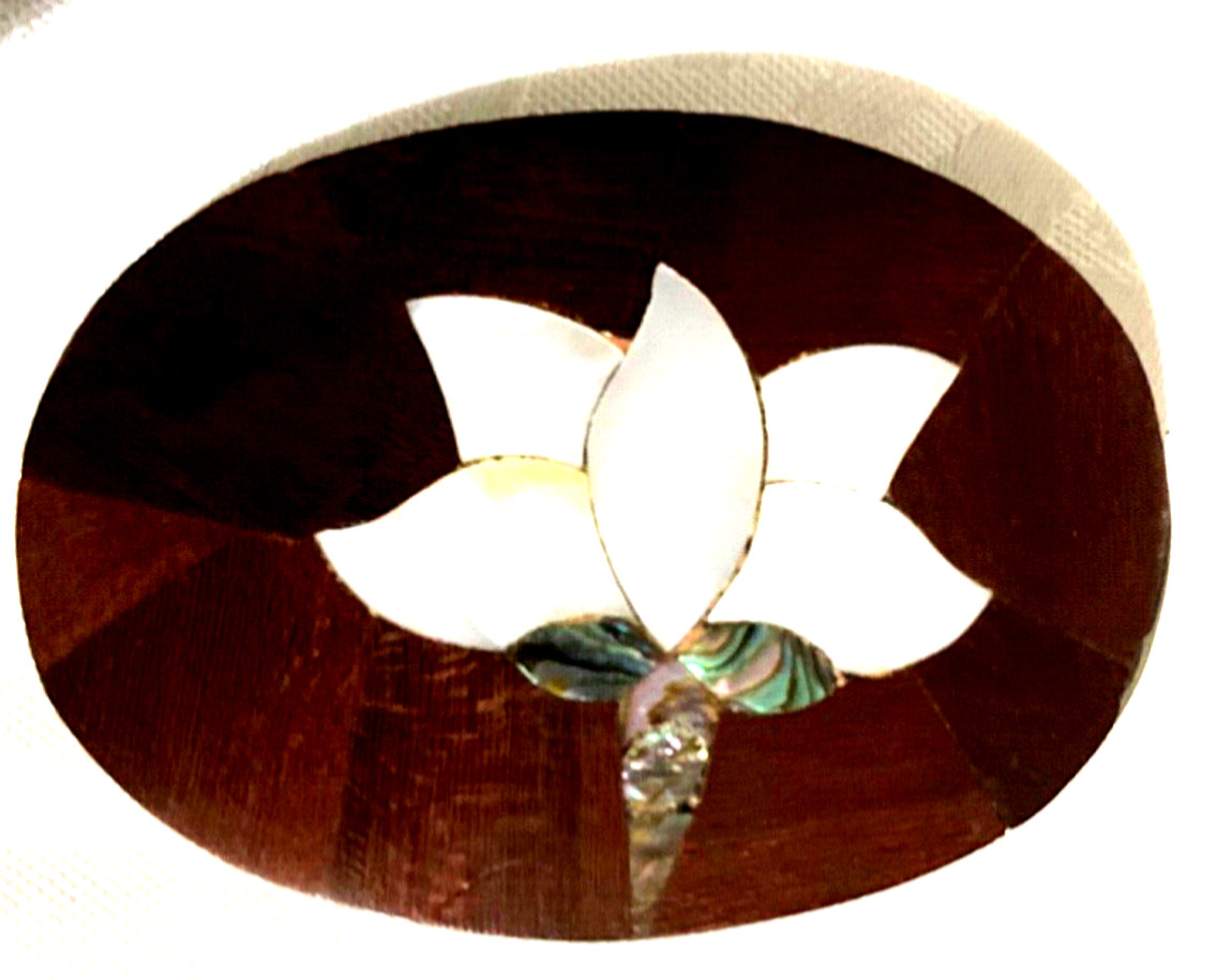 Belt Buckle VTG Mexico Metal Red Rose Wood Mother of Pearl Inlaid