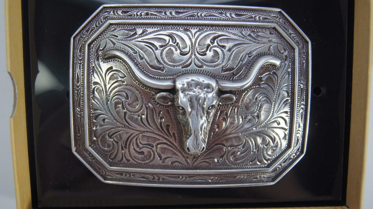 Ariat Western Rectangle Smooth Edge Longhorn Silver Belt Buckle A37008