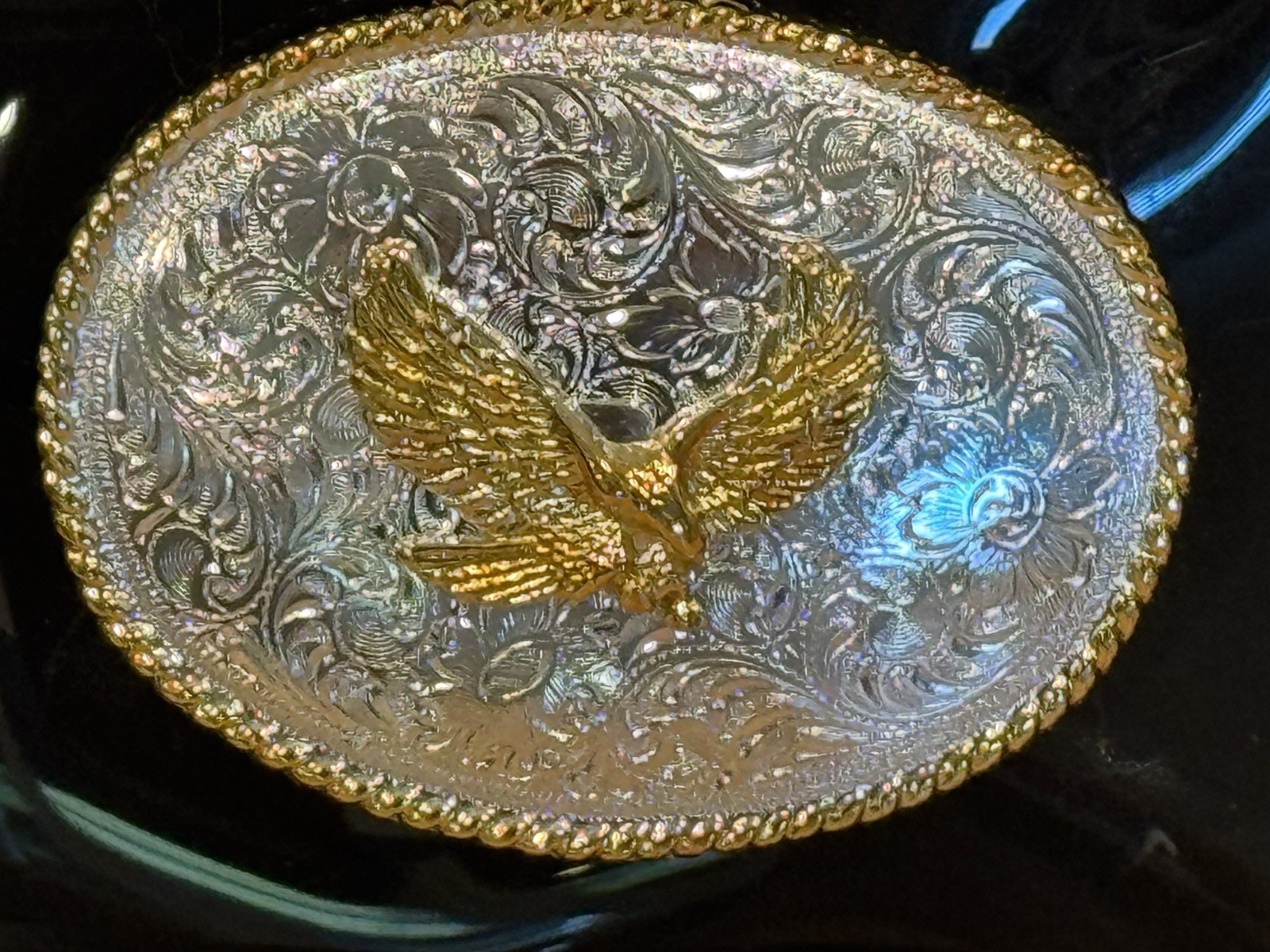 New Nocona Belt Co. Silver Oval Gold Eagle Belt Buckle Original Open Box