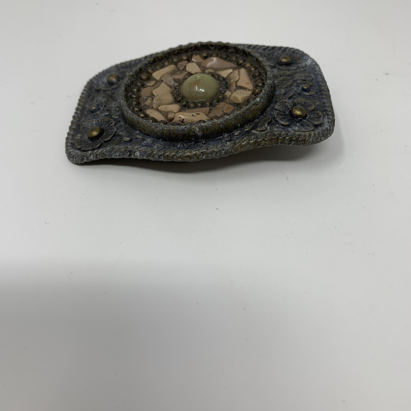 Western Belt Buckle Mens Gray Floral Metal Beaded Stone Mosaic Cowboy Rustic