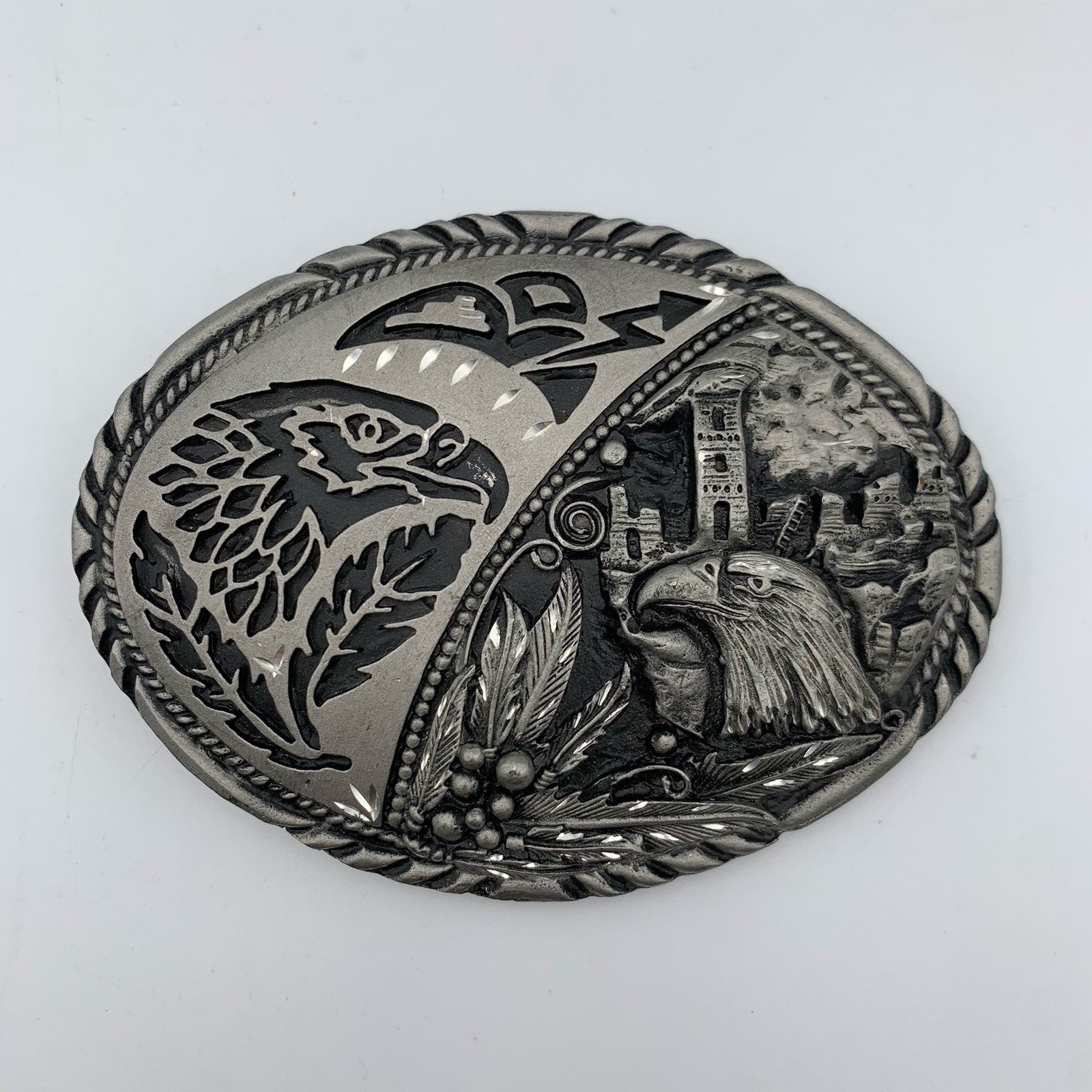 VTG SSI Handcrafted Metal Belt Buckle Southwest Eagle Rain Cloud Fathers 4&Prime; USA