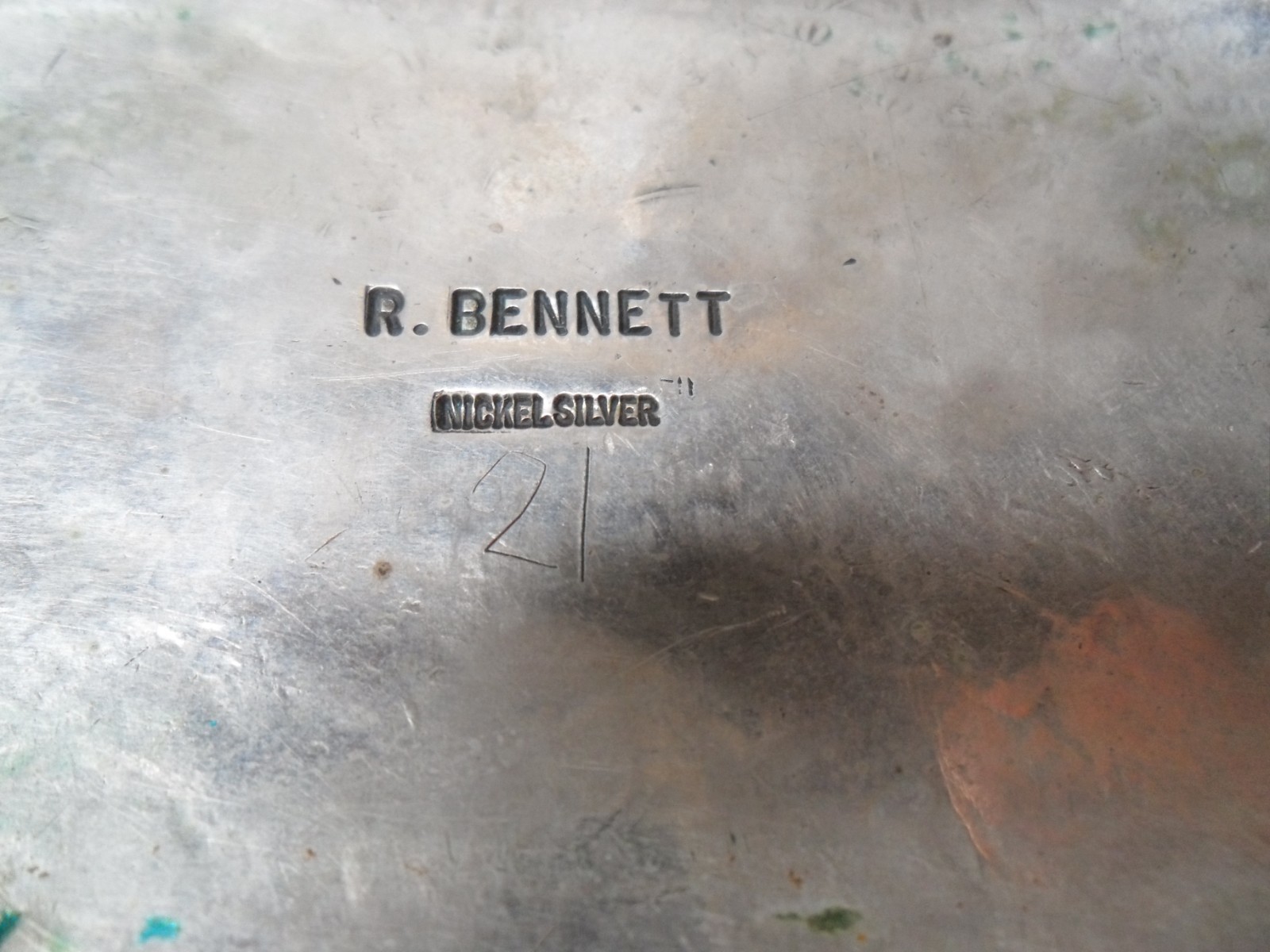 Vtg Stamped Artist R.Bennett Nickel Silver Three Gemstone Turquoise Belt Buckle