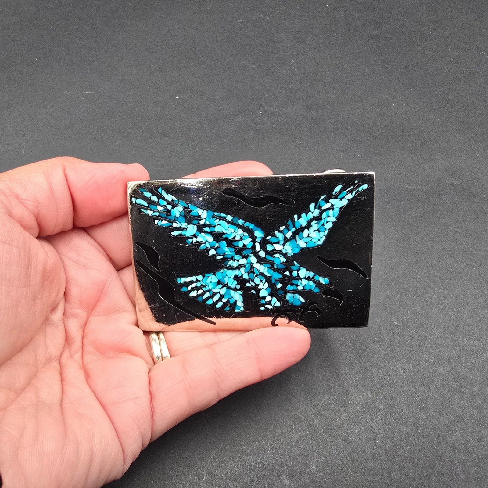 Vintage Mexico Silver Tone Turquoise Inlay Flying Eagle Rectangle Belt Buckle