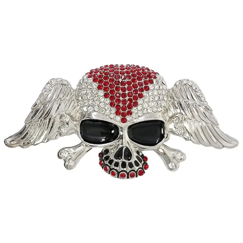 Large Silver Red Rhinestones Chrome Skull and Bones Belt Buckle