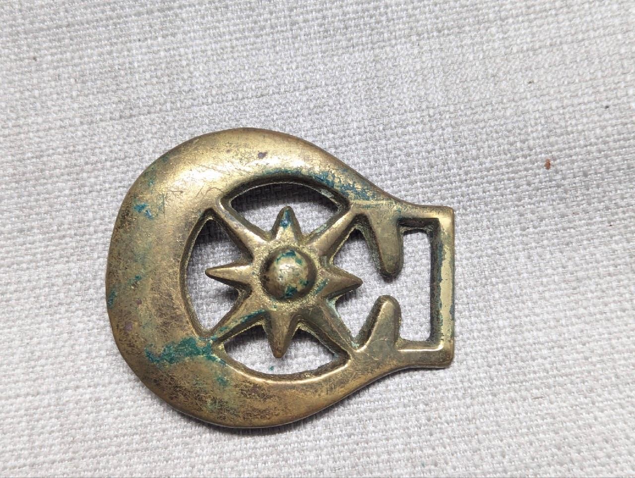vintage BRASS belt buckle CRECENT moon horse WESTERN antique military BRUTALIST