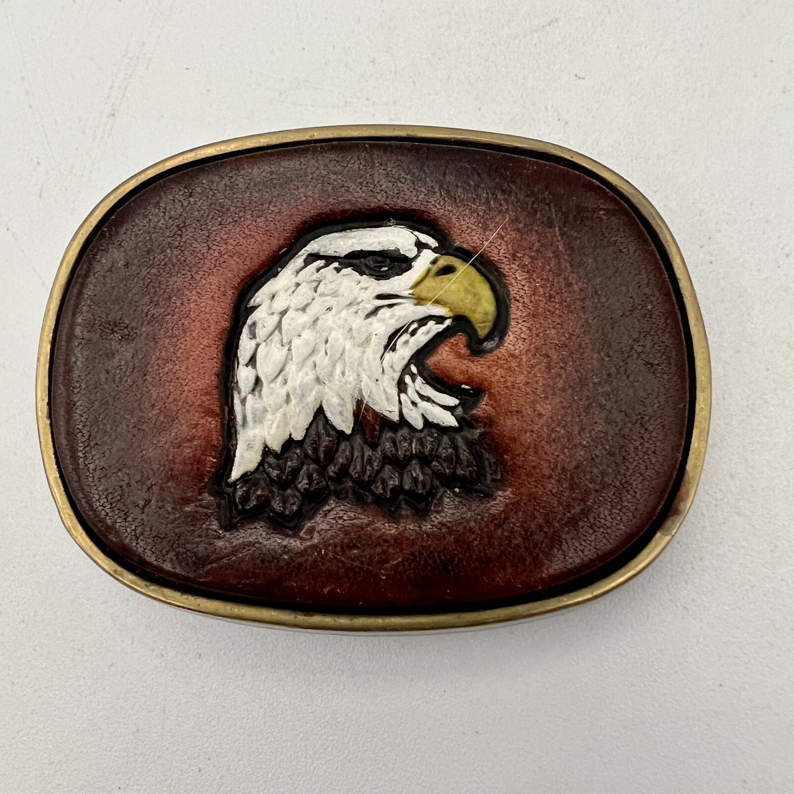 Vintage Tooled Leather Eagle and Brass Belt Buckle Baron Buckles 1983