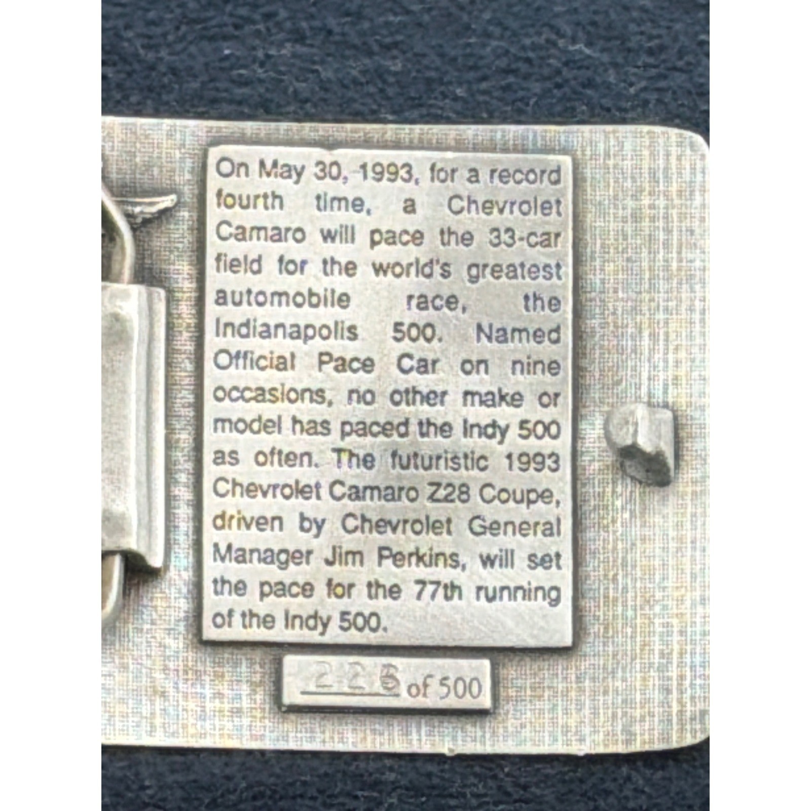 Vtg 1993 Indianapolis 500 Chevrolet Camaro Pace Car Pewter Belt Buckle 226/500