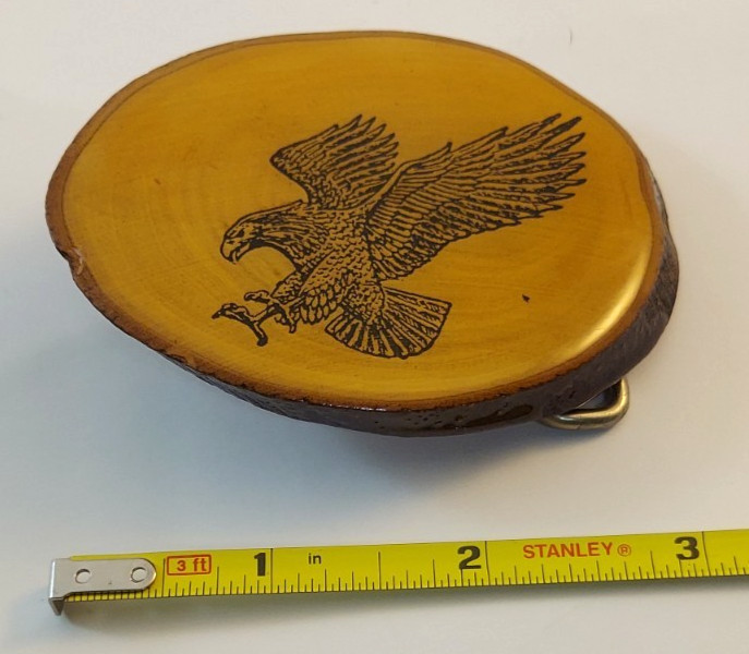 Vintage Wood Slice Attacking Eagle Belt Buckle with Bark Edge