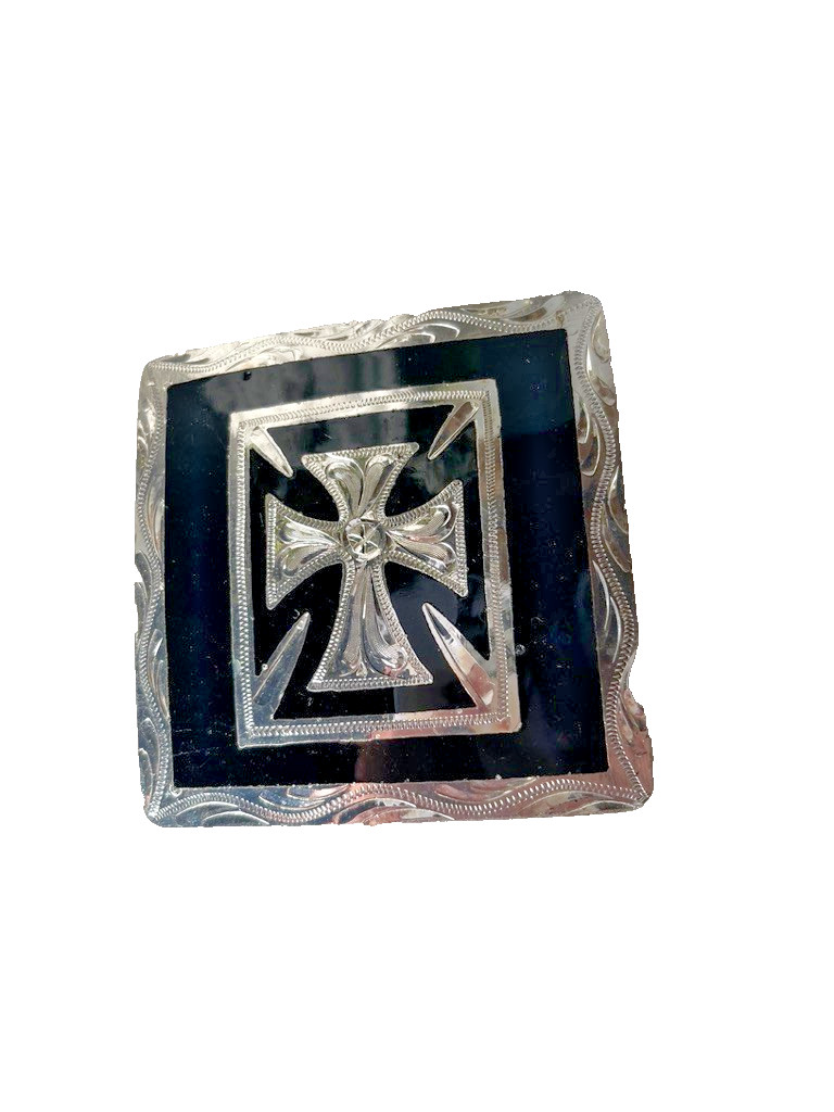 Western Mens Belt Buckle 3.25 x 3 in Southern Cross Cowboy Black Silver 1.5