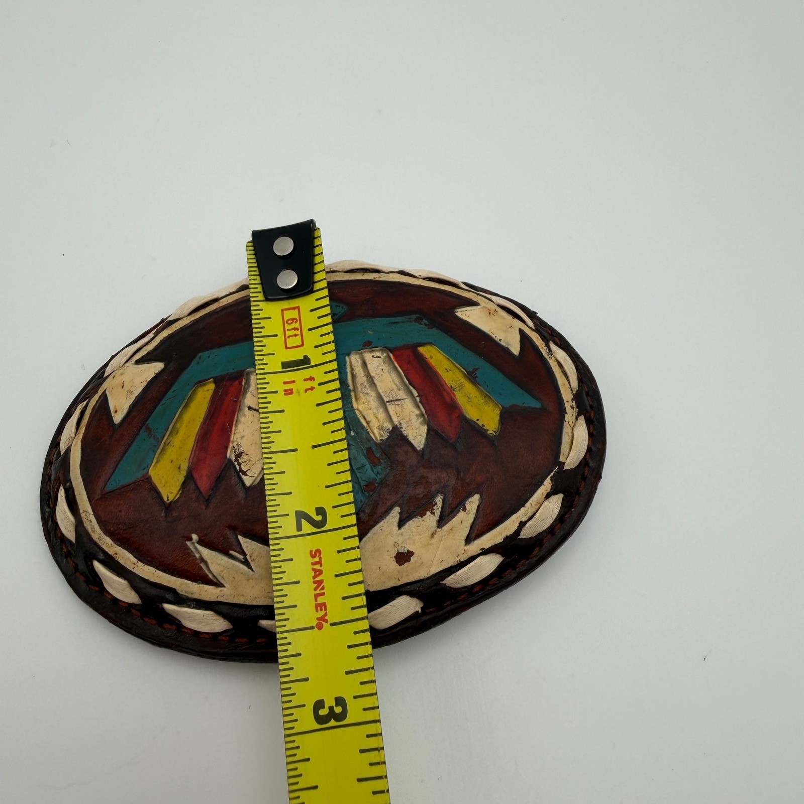 VTG Justin Leather Belt Buckle Hand Tooled Thunderbird Painted Oval 61-P